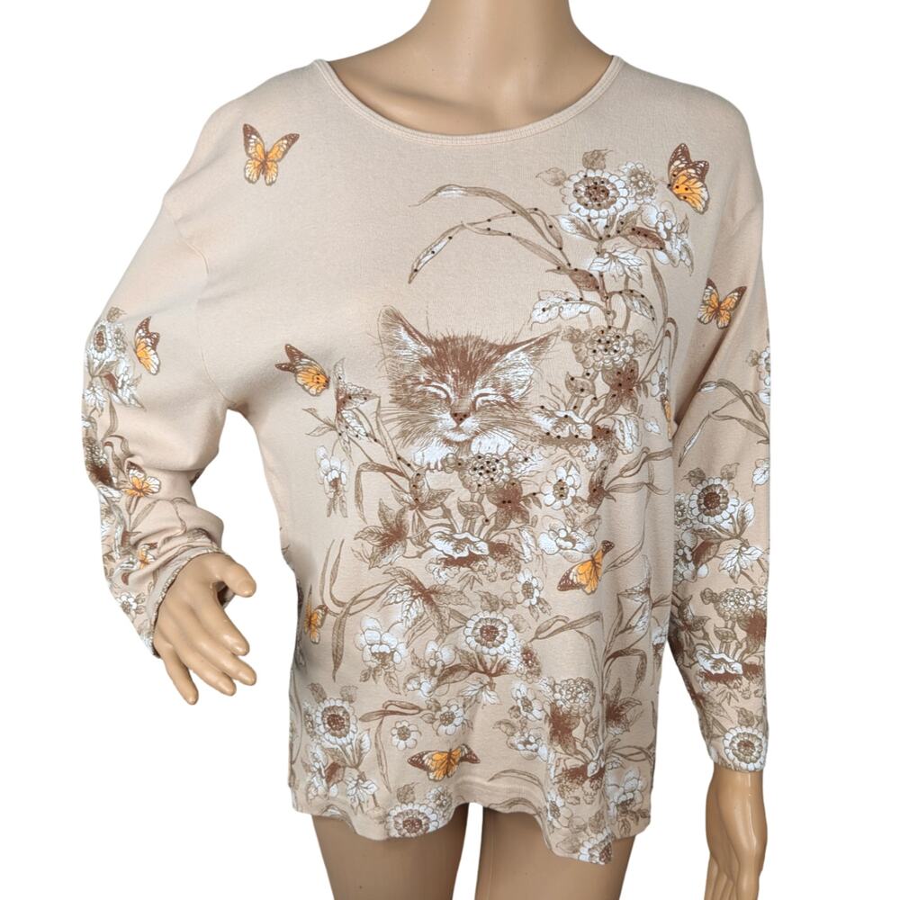 Vintage Y2K Morning Sun Floral Cat Rhinestone Beige Cotton Knit Top SZ XL